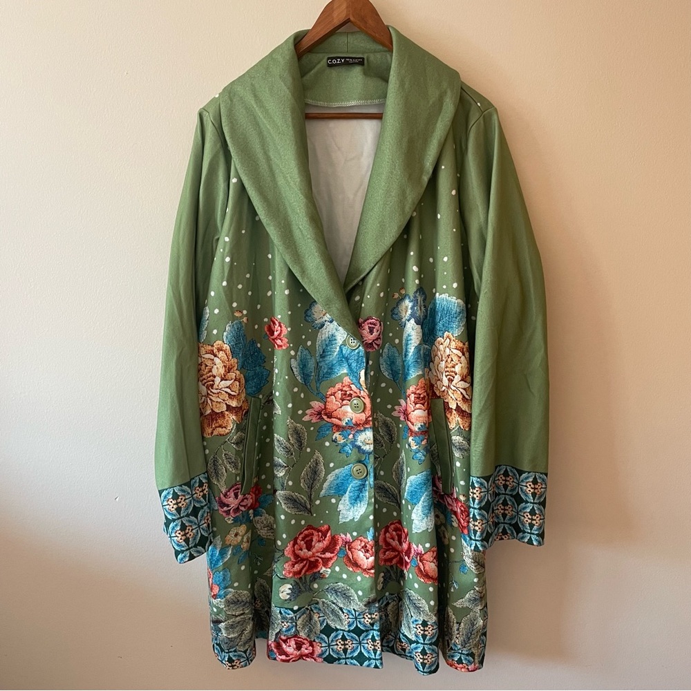 C.O.Z.Y Green Floral Button Robe with Pockets XXL
